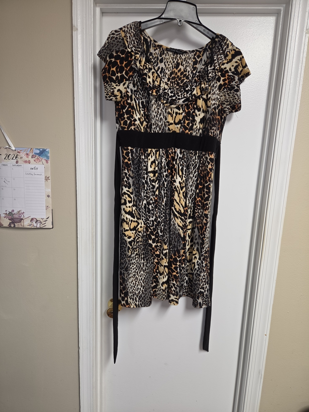 Womens' Animal Print Short Sleeve Dress with Black Waist Tie